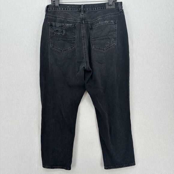 American Eagle Jeans Womens 14 Short Mom High Rise Faded Black Denim Distressed - Picture 2 of 13